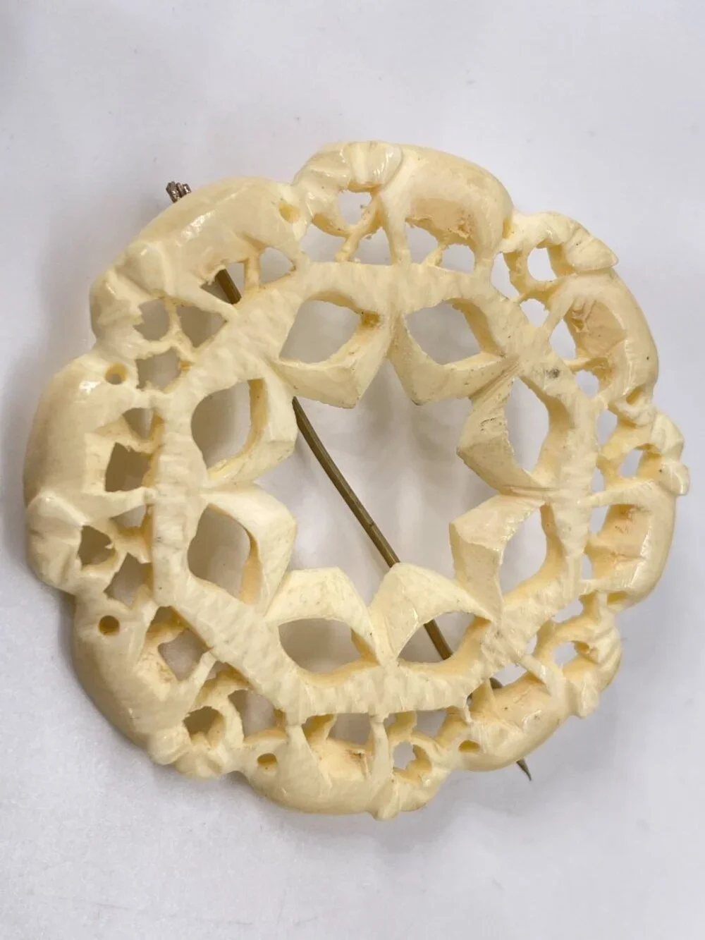 Cellulite Bovine Pin Brooch Carved Round Elephant Circular Trunk Tail OOAK